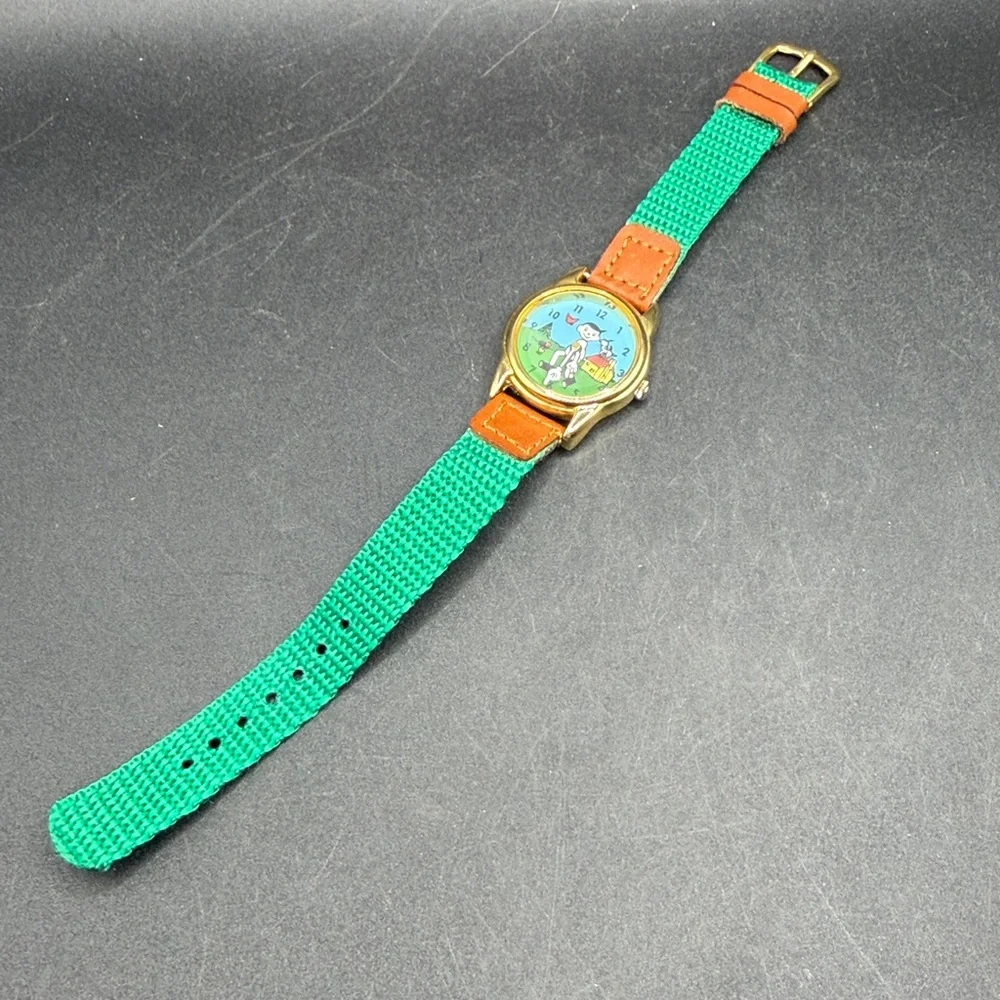 Vintage On Time Goldtone Pinnochio & Dog Watch Green Fabric Band Untested